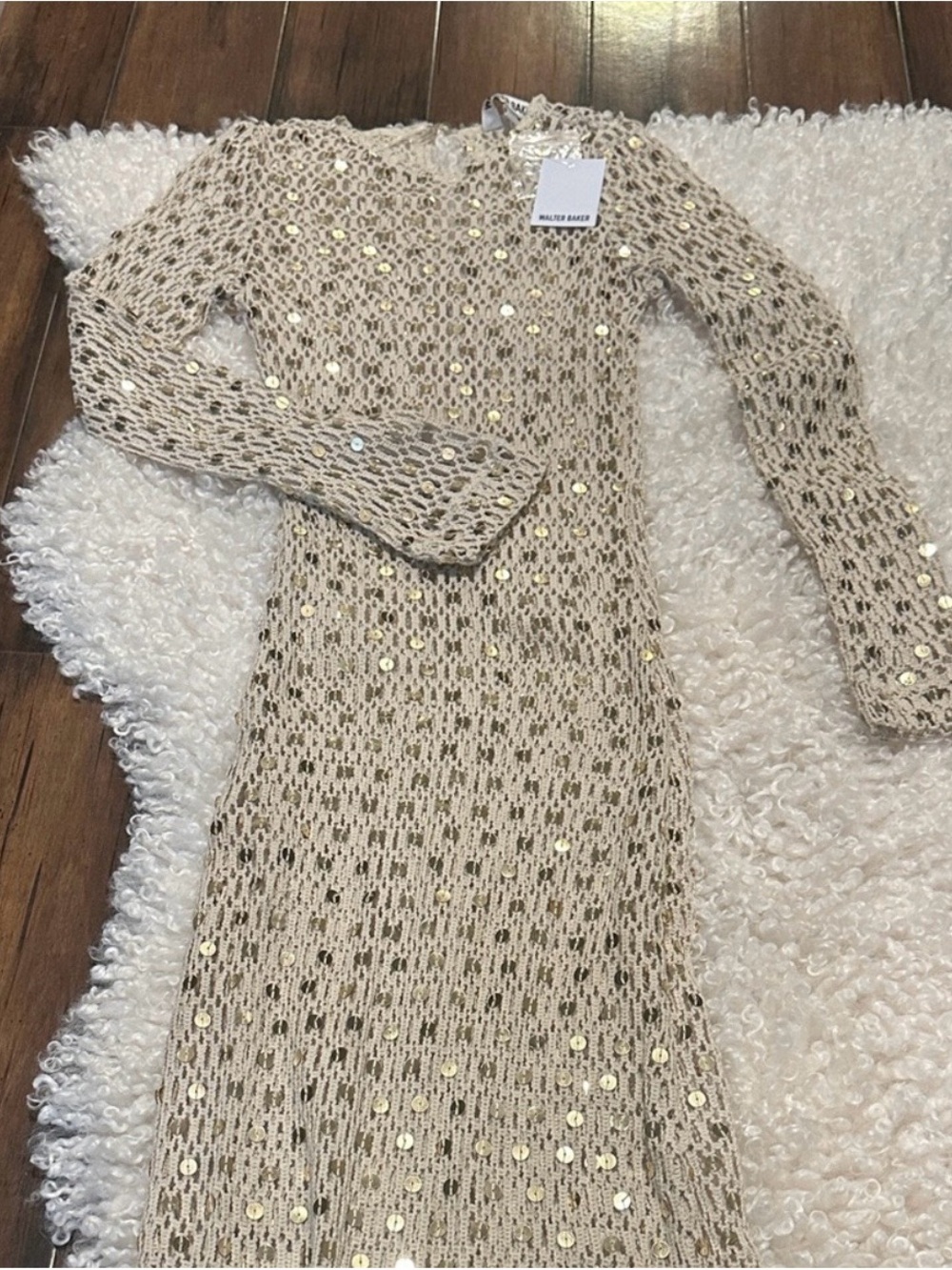 Walter Baker Cream Knit Sequin Long Sleeve Dress
